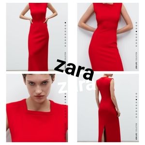 Zara XS red maxi midi dress block neck date bodycon